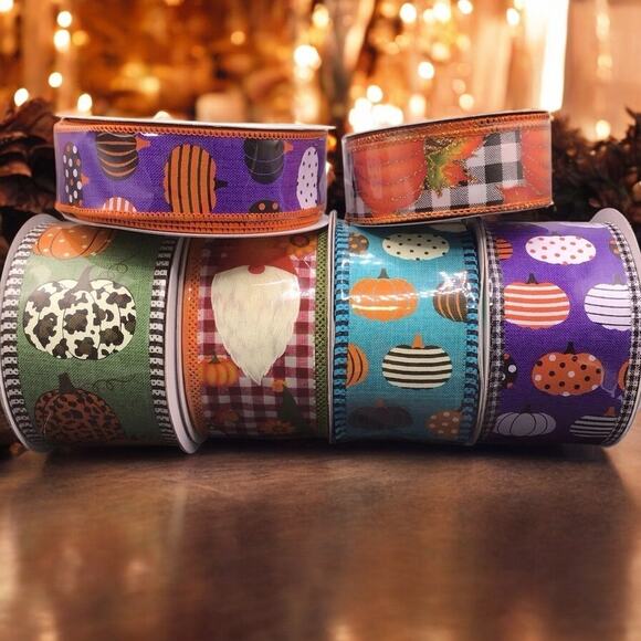 Fall Ribbon Lot 6 Rolls Wired Edge Pumpkins Plaid Gnomes Animal Print Autumn - Picture 2 of 12